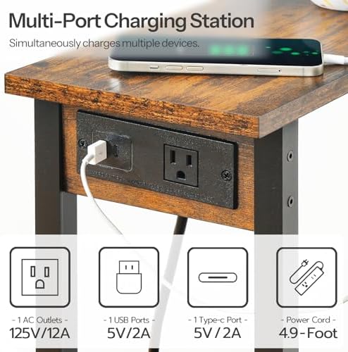 HOOBRO Narrow Side Table, 2-Tier Slim End Table with Charging Station, Skinny Nightstand with Open Storage, for Small Spaces, Living Room, Bedroom, Study, Rustic Brown and Black BF240UBZ01