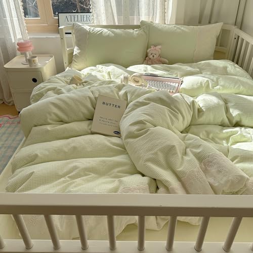 mixinni Green Gingham Duvet Cover Queen Size - 3 Piece Cottagecore Plaid Bedding Set with Lace Trim, Soft Washed Microfiber Vintage Aesthetic Grid Comforter Cover & Pillow Shams, (Green White Gingham)