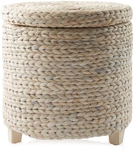 Casafield 17" Round Storage Ottoman with Lid - Whitewash White, Handwoven Water Hyacinth Footstool for Living Room, Bedroom, Bathroom, Home Office