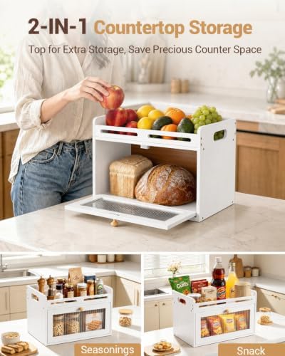Bread Box for Kitchen Countertop, Bamboo Storage with Top Shelf, White