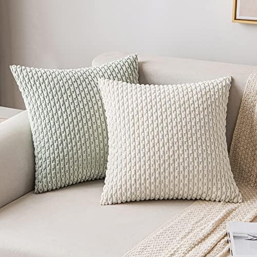 MIULEE Decorative Throw Pillow Covers 20x20 Light Green Textured Corduroy