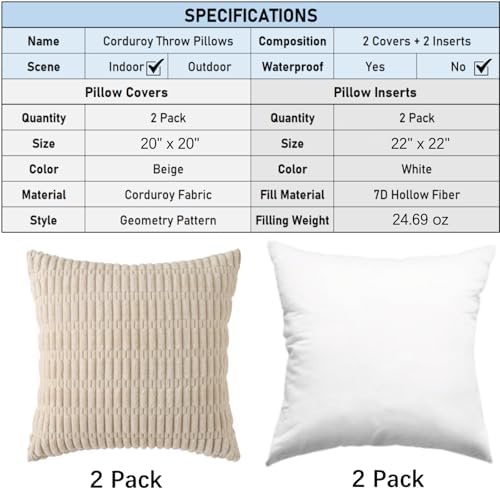 2 Pack Corduroy Decorative Throw Pillow with Inserts, 20x20 Inch Soft Boho Throw Pillow, Square Striped Throw Pillows for Couch, Bed, Sofa Decor (Beige)