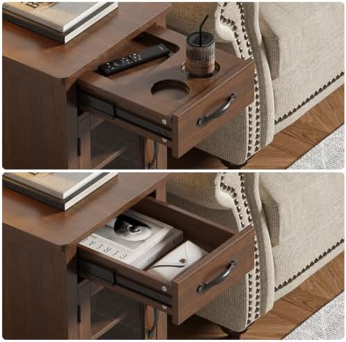 ONBRILL Rustic End Table with Charging Station, Narrow Side Table, Walnut
