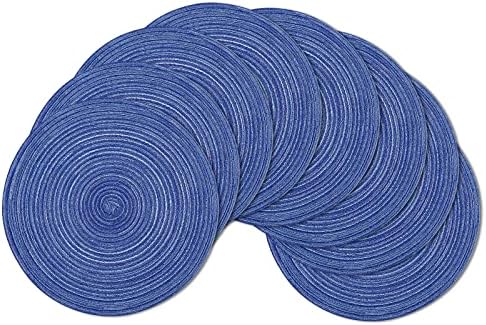 SHACOS Round Braided Placemats Set of 8 Round Table Mats for Dining Tables Washable Fabric Kitchen Table Place Mats (Blue White, 8)