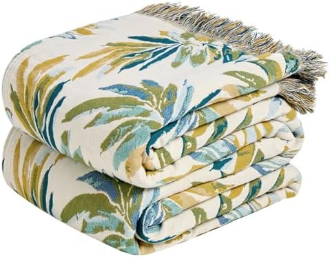 MSGKV Boho Throw Blanket 50"x60" 100% Cotton Leaves Muslin Throw for Couch