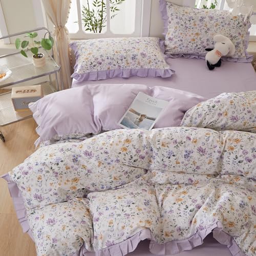 mixinni Floral Duvet Cover Set King Size, 100% Cotton 3-Piece Bedding Set with Ruffled Lace, Reversible Lavender Wildflower Ruffle Design, Soft Aesthetic Cottagecore Duvet Cover with Zipper Closure