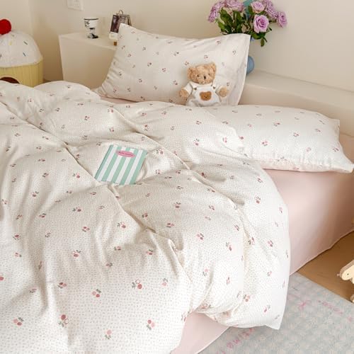 AOJIM Delicate Cherry Duvet Cover Set Twin Size Floral Print Bedding Set 3 Pieces (1 Comforter Cover + 2 Pillowcases), Soft Breathable 100% Cotton Double Gauze Bedding Duvet Cover for Kids & Adults