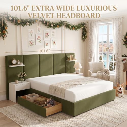 Queen Bed Frame with Storage & Built-in Nightstands & Drawer, Grayish Olive