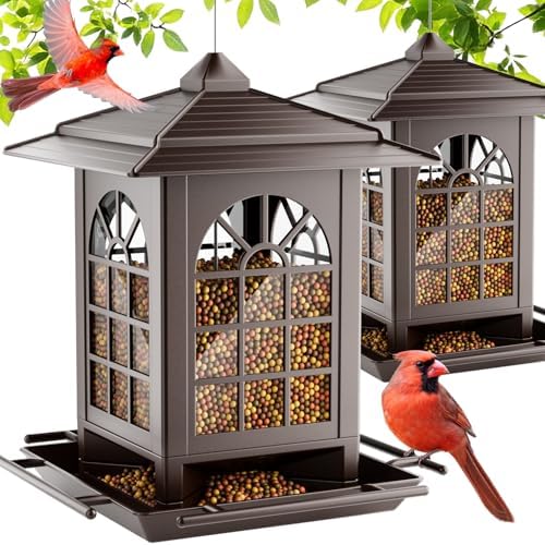 Birdream 2 Pack Bird Feeders for Outdoor Hanging, Assembly Required, 1-Min Easy Setup, Classic Courtyard Design, Attracting Cardinals Chickadees Goldfinches & Sparrows - Brown