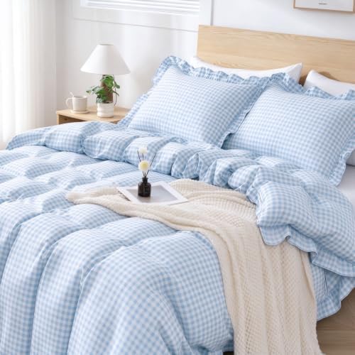 Gingham Duvet Cover King Size, 3 Pieces Soft Breathable Microfiber Plaid Duvet Cover with Zipper Closure & 2 Pillow Shams, Ruffle Farmhouse Vintage Decor, Light Blue