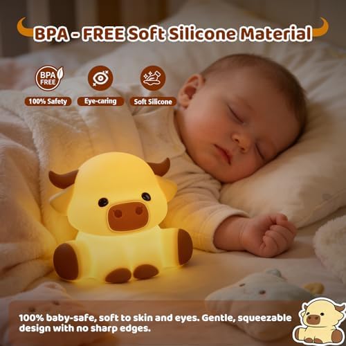Cute Highland Cow Rechargeable Night Light, LED Touch Silicone Lamp for Bedroom with 7 Colors Timer and Dimmable Squishy Warm Night Lights, Novelty Animal Lamp for Nursery Birthday Gift