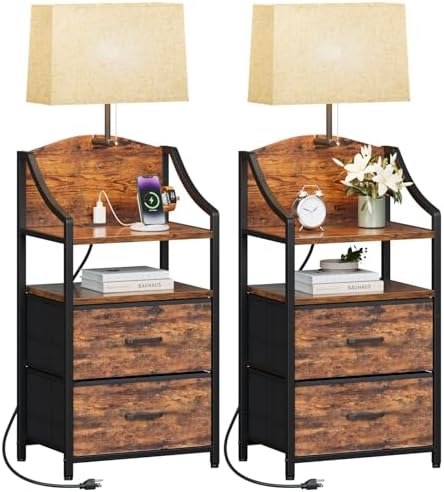 Evermagin 45" Tall Nightstands Set of 2 with Light & Charging Station