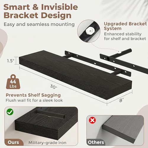 30 Inch Floating Shelves for Wall, 8"D Wood Storage Shelves, Black Finish