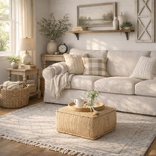 Casafield Braided Jute Pouf, Large Square Pouf Ottoman, 22" W x 22" D x 14" H Woven Jute Footrest, Decorative Indoor Boho Home Accent for Living Room