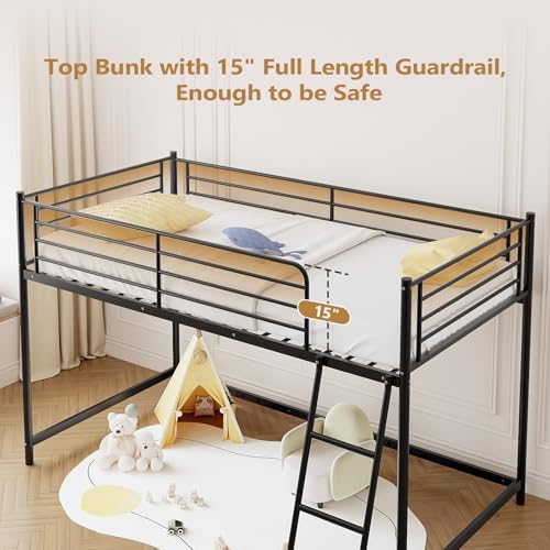 JOYMOR Low Loft Bed with Inclined Ladder, Metal Twin Size Bed Frame with 15” High Guardrail for Boys Girls, Junior, Space Saving, Mattress Not Included (Black)