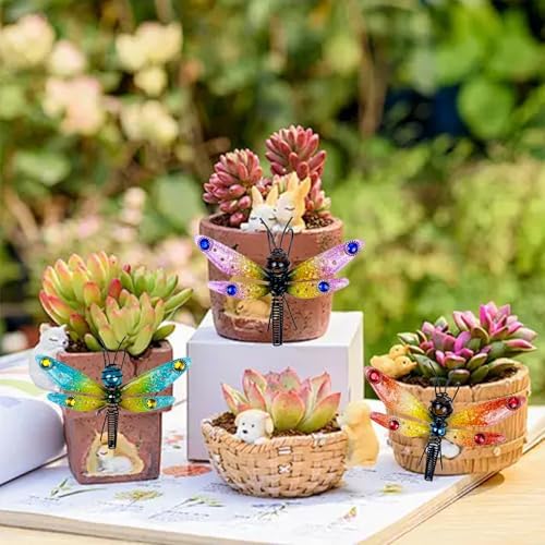 3Pcs Dragonfly Decorations for Flower Pots - Iron and Glass Painted Hanging Dragonflies Ornaments, Plant Pot Potted Hanger Figurines, Outdoor Garden Pendant Decor