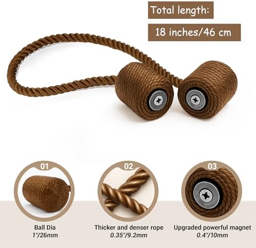 Hion Magnetic Curtain Tiebacks Dark Brown 6pcs, Curtain Holdbacks Hooks