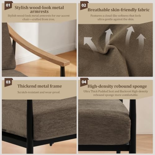 RNKSFX Modern Accent Chair for Living Room Bedroom Mid Century Arm Chair Upholstered Office Accent Chair Comfy Waiting Room Chair with Metal Frame, Brown