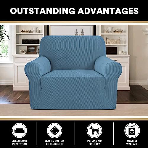 PrinceDeco Stretch Chair Cover Chair Slipcovers with Arms 1-Piece Chair Sofa Slipcovers or Living Room Non Slip Armchair Cover Furniture Protector Dogs Pet Friendly(Armchair,Dusty Blue)