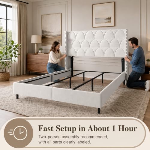 Velvet Upholstered Wingback Headboard, King, Cream