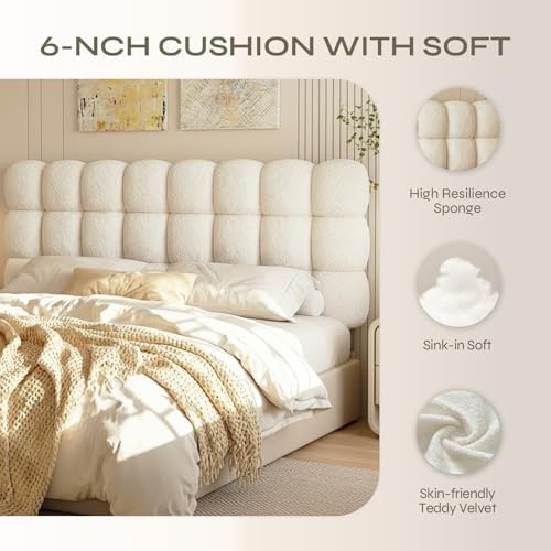 Pinmoco Queen Cloud-Shaped Upholstered Headboard, Teddy Fleece Beige