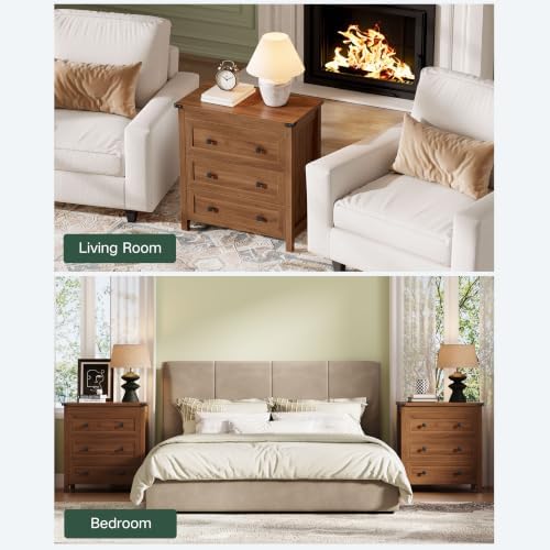 Farmhouse Nightstands Set of 2, Bedside Table with Drawer, Walnut