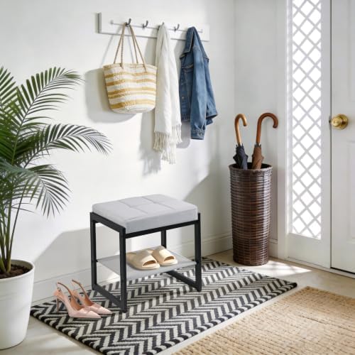 Vanity Stool, Vanity Chair Stools with a Lower Storage Shelf, Square Linen Upholstered Ottoman Bench for Bedroom, Living Room, Small Modern Metal Legs Makeup Chairs, Grey&Black