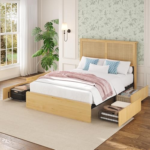 coucheta Bohemian Full Rattan Bed LED Natural Headboard Bedroom