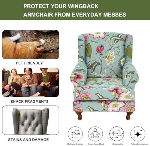 HAOYONG Wing Chair Slipcovers Stretch Wingback Chair Covers Printed 2 Pieces Wingback Armchair Slipcover Elastic Chair Slip Covers Washable Armchair Protector Cover for Living Room and Bedroom