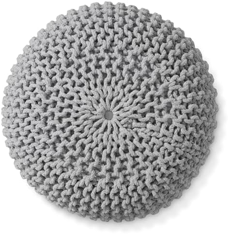 Casafield Round Pouf Ottoman, Light Gray - 20" Diameter x 14.5" High Cotton Knit Foot Stool - Boho Floor Pouffe for Living Room, Bedroom, Home Office