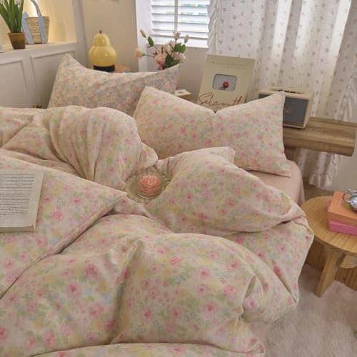 Floral Duvet Cover Set Queen Size Cotton Double Gauze Comforter Cover Queen Size Vintage Cottage Core Flower Soft Duvet Cover Set with Zipper Pattern Girly Bedding Set Boho Duvet Protector