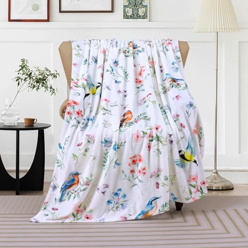 Floral Bird Blanket Ultra Soft Watercolor Flowers Throw Blankets Wildflower Flannel Fleece Throw Botanical Warm Cozy Fuzzy Plus Gifts Cabin Blanket for Bed Sofa,60" X 80"