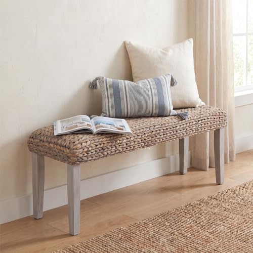 Solid Wood Acacia Indoor Bench, Natural Woven Water Hyacinth Seat, Grey Leg