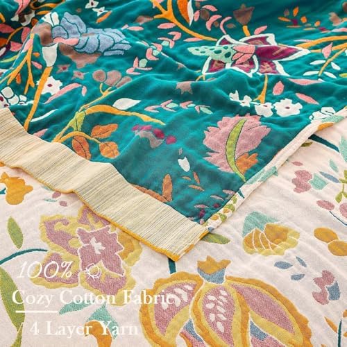 XIBLC Boho Throw Blanket for Bed, 100% Cotton Soft Rustic Quilt Fall Blanket, 80" 90" Floral Printed Farmhouse Decor Bed Blankets, All Season Rustic Reversible Bohemian Throw Quilt