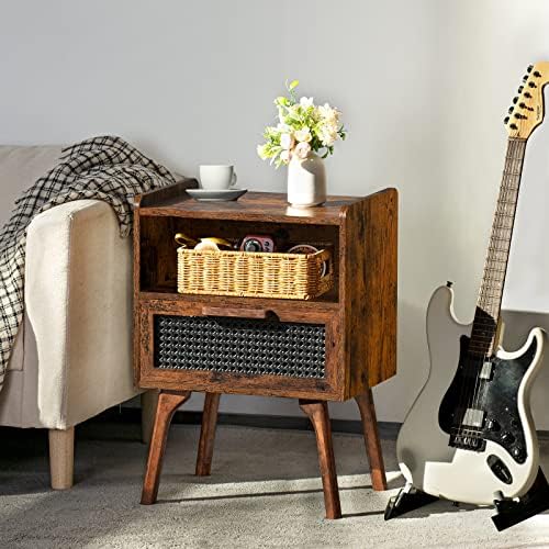 Lerliuo Rattan Nightstands Set of 2, Boho Side Table with Drawer Open Shelf
