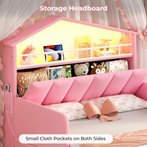 ADORNEVE Twin Size Bed Frame with Trundle & LED Lights,Pink