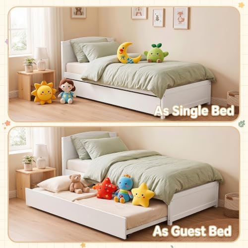 Daybed with Trundle, Twin Size Pull Out Bed, Solid Wood Extendable Day with Trundle Bed Twin, Include Slat Support (White, Trundle)