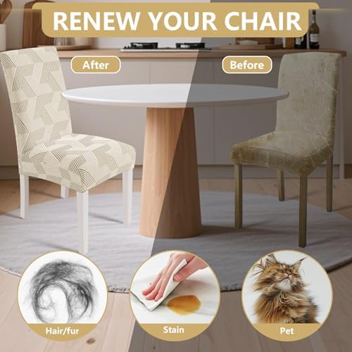 JIVINER Stretch Dining Chair Slipcovers Set of 2, Geometrical Jacquard Dining Chair Covers, Washable Kitchen Chair Covers for Dining Room, Hotel, Party, Beige