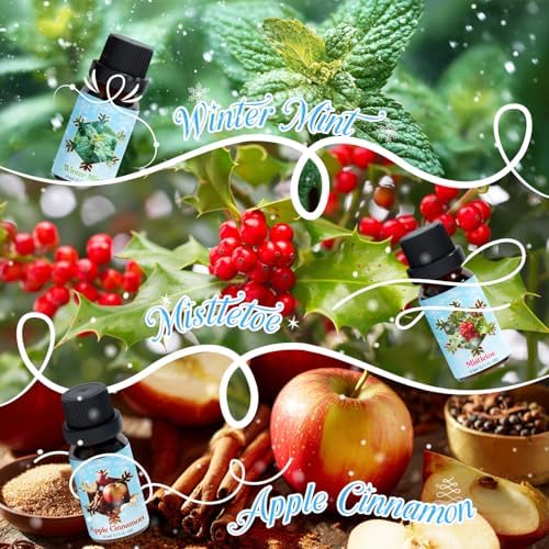 Holiday Fragrance Oil Set, Winter Essential Oils for Diffuser, Apple Cinnamon, Forest Pine, Candy Cane, Winter Mint, Cranberry, Mistletoe, Diffuser Oils Gift Set for Aromatherapy