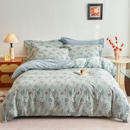 HighBuy College Girl Muslin Duvet Cover Set Twin XL,Linen Feel Muslin Cotton Comforter Cover Blue Floral Gauze Bedding Set Chic Cottagecore,Durable Soft Duvet Cover Set with Zipper,Breathable