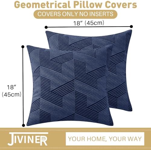 JIVINER Decorative Geometrical Throw Pillow Covers 18 x 18 Inch, Set of 2 Soft Modern Pattern Pillow Covers for Sofa, Couch, Living Room, Navy Blue