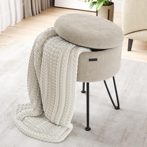 Round Ottoman with Storage, Boucle Storage Ottoman, Foot Stool Ottomans, Makeup Vanity Stool, Small Ottomans Foot Rest, Modern Vanity Stools for Living Room and Bedroom, Beige