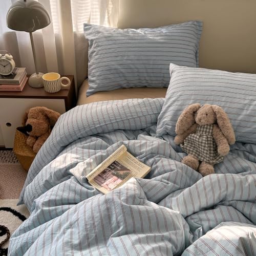 Blue & Brown Striped Duvet Cover Twin Size 3Pcs Washed Cotton Retro Bedding