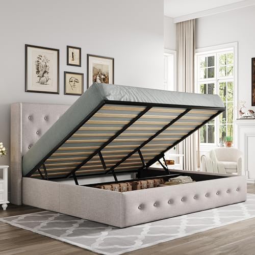 Allewie King Size Lift Up Storage Button-Tufted Bed Frame Light Beige