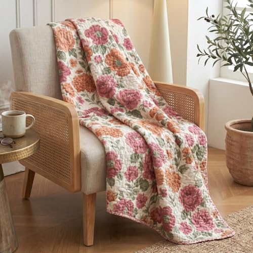 Tache Terracotta Rose Garden Reversible Quilted Throw Blanket, 50x60 Inch
