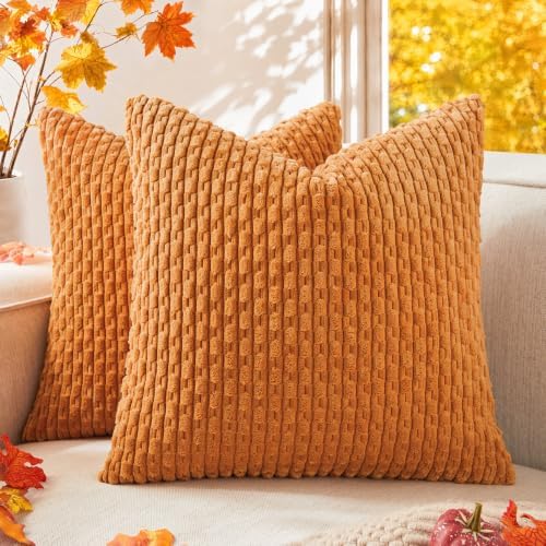 Kevin Textile Soft Corduroy 20x20 Inch Pillow Covers 2 Pack, Orange Yellow