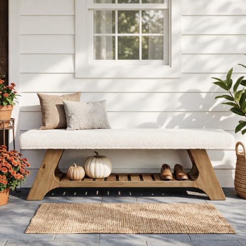 Tribesigns 55" Solid Wood Bench with Cushion, Upholstered Entryway Bench