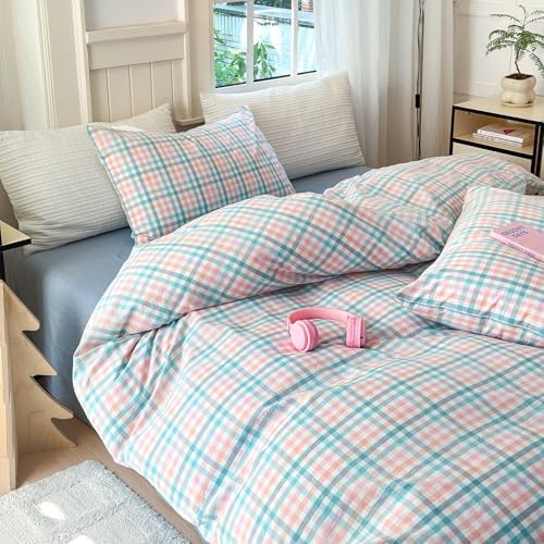 Vintage Plaid Duvet Cover Full Washed Cotton Check Bedding Set 3 Pieces