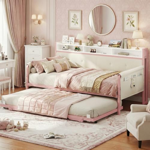 LIKIMIO Daybed with Trundle, Twin Bed Frame,Pink