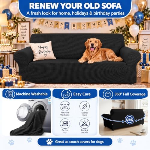 KEKUOU Stretch Couch Covers for Sofa, 3 Cushion Couch Slipcover,Black